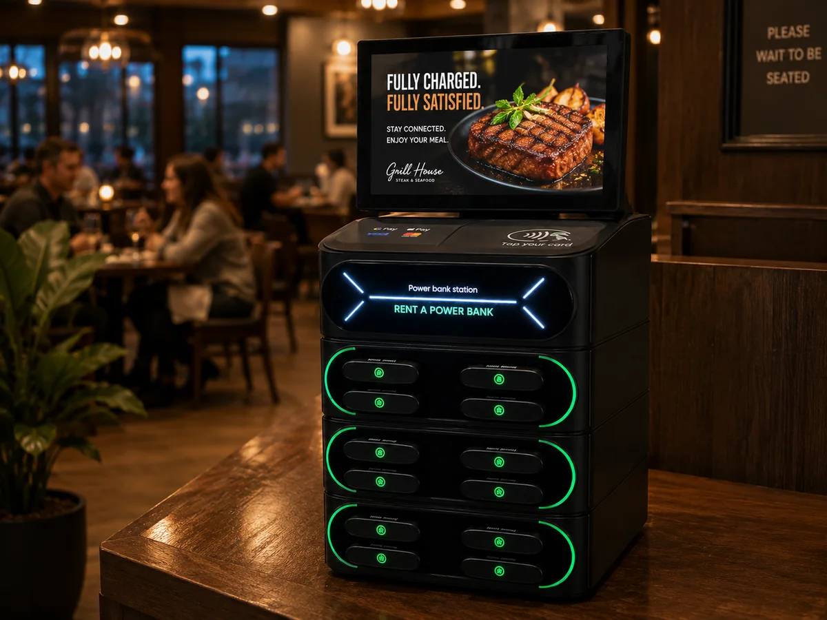 Voltage Nexus kiosk on a table inside a restaurant