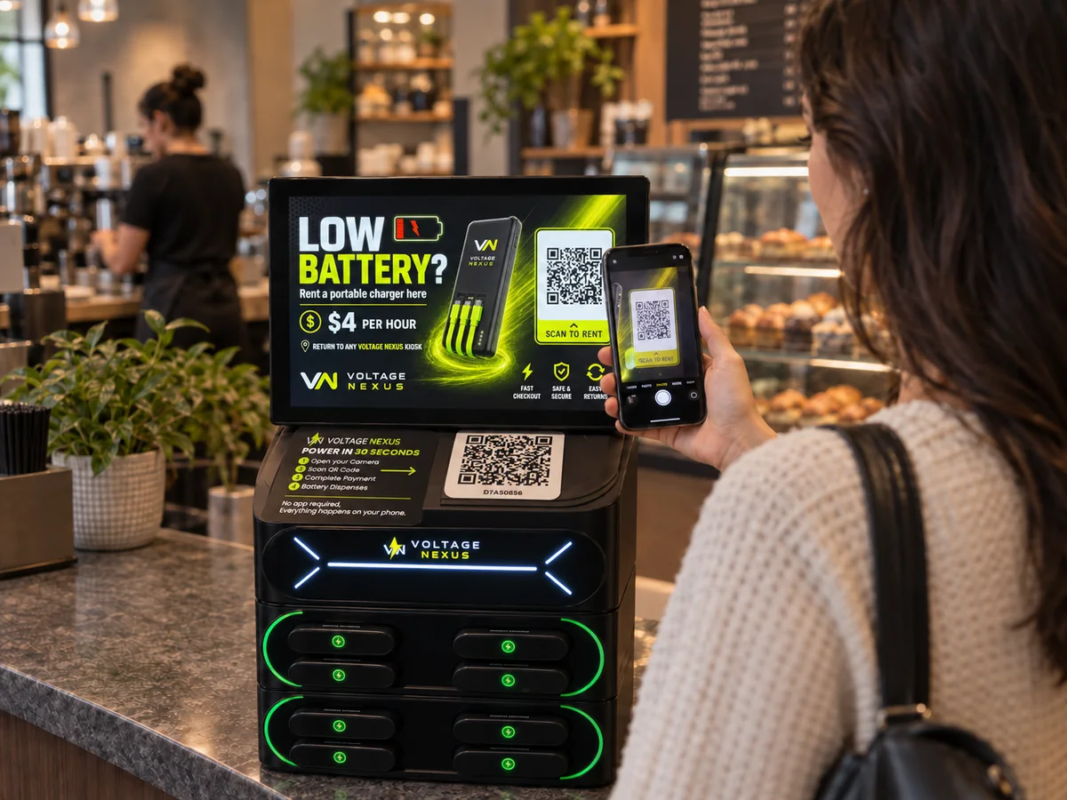 A guest holding up a phone camera to scan the QR code on a Voltage Nexus kiosk at a coffee shop counter.