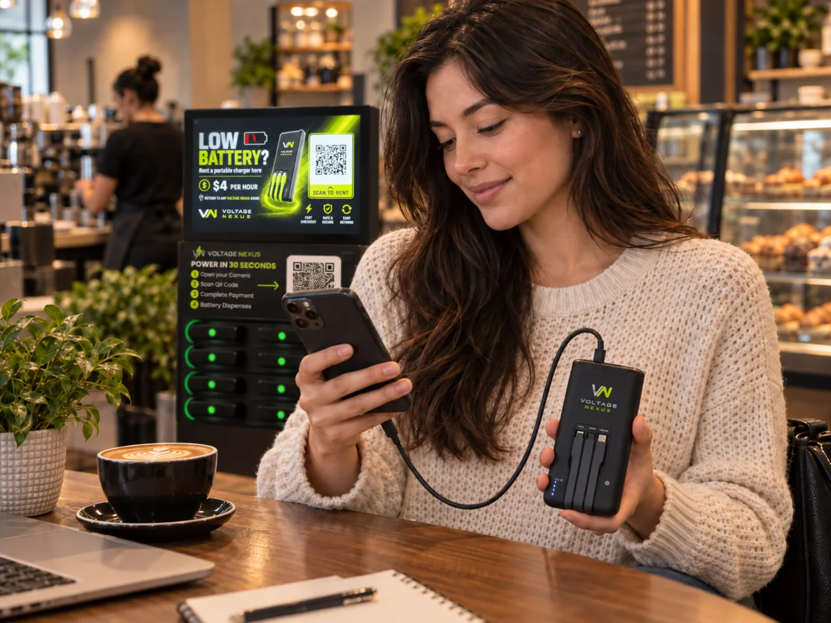 A seated guest at a cafe table charging her phone from a Voltage Nexus portable battery.