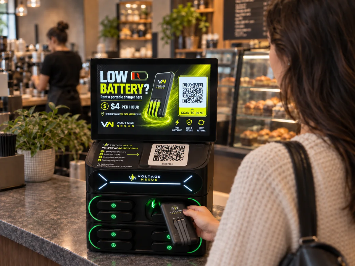 A guest taking a released portable battery out of a lit slot on a Voltage Nexus kiosk.
