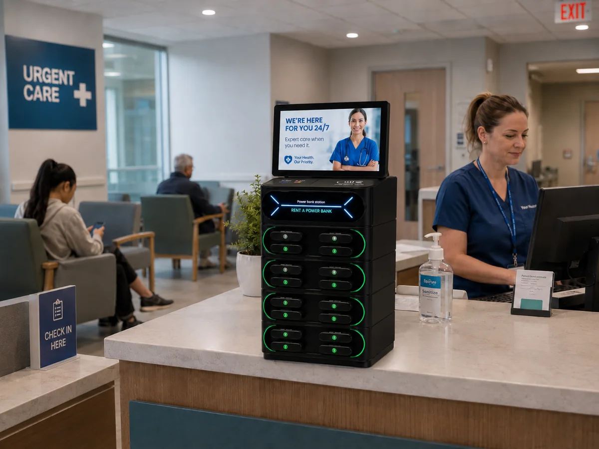 Voltage Nexus kiosk at an urgent care waiting room reception desk