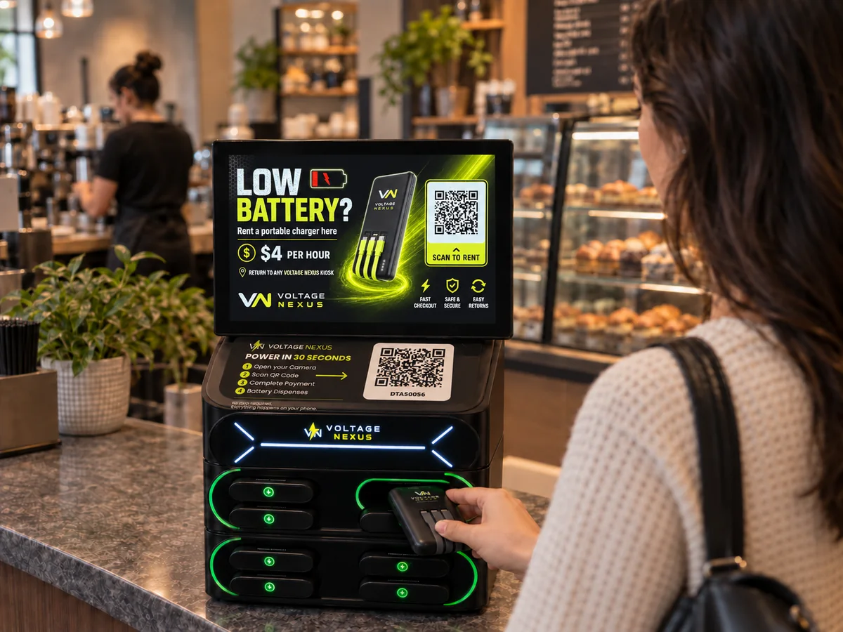 A guest sliding a portable battery back into an open slot on a Voltage Nexus kiosk.