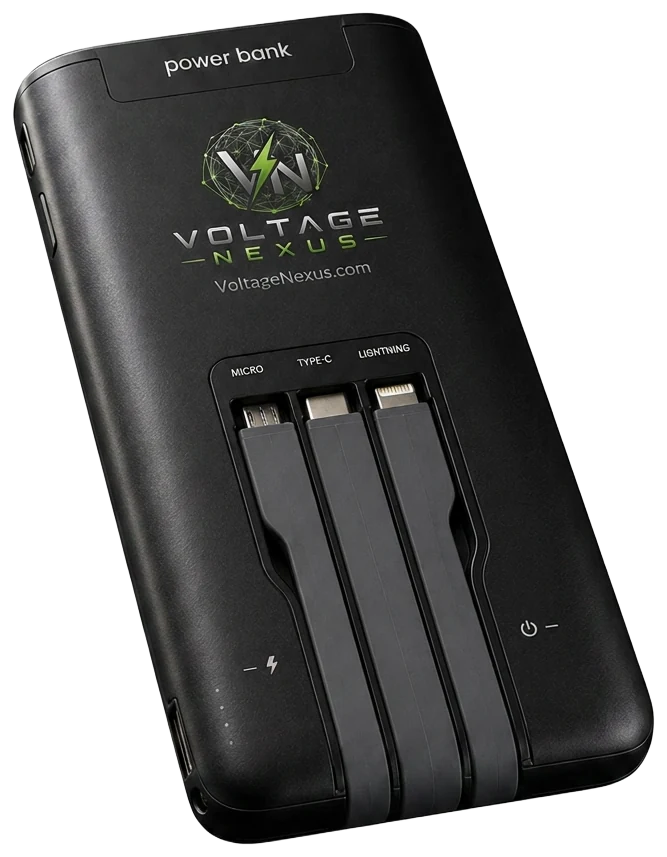 Voltage Nexus branded power bank, angled perspective view