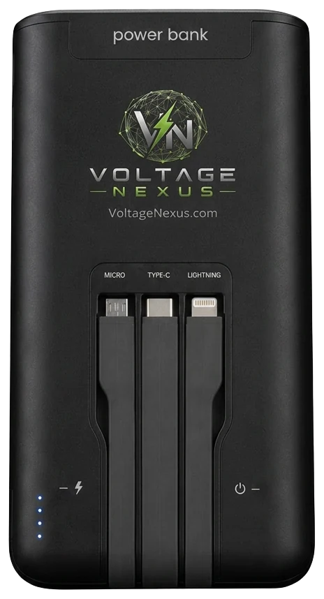 Voltage Nexus branded power bank, front view with Micro, Type-C, and Lightning cables